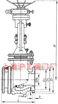PZ941H 型 PN16~PN63 電動(dòng)鋼制排渣閘閥主要外形及結(jié)構(gòu)尺寸示意圖